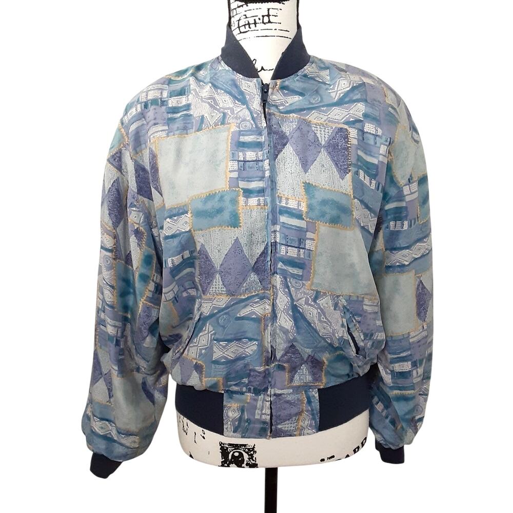 Vintage 80s 100% Silk Bomber Jacket Oversized Art to Wear Womens M Retro Blue
